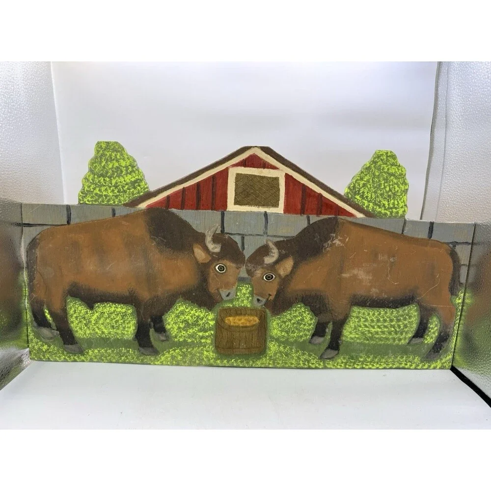 VTG 1991 Menno Shirk Folk Art Wood Carved Wild Buffalo Signed Base Carving 24”